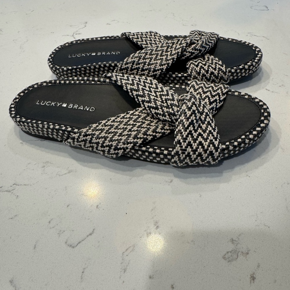 Lucky Brand Sandals Size 8 Fynna Woven Slide Leather Black White Boho